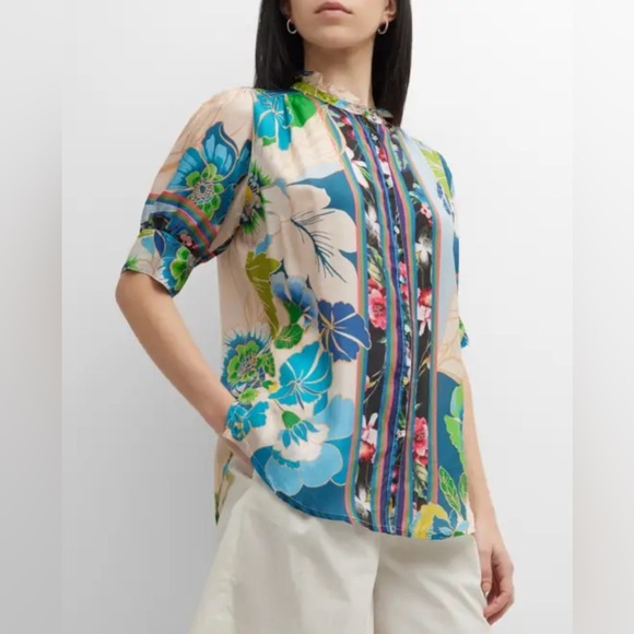 JOHNNY WAS Jenn Jolene RUFFLE TRIM Floral Button-Up Blouse SZ XL - Picture 2 of 6